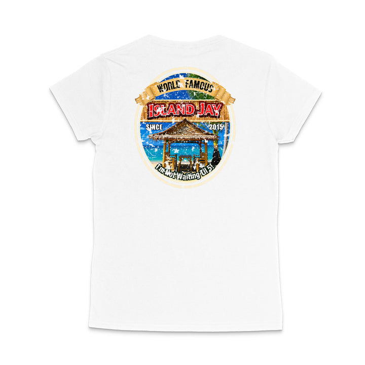A white short-sleeve t-shirt shown from the back, featuring a large circular graphic print on the upper back. The graphic depicts a tropical beach scene with a gazebo and reads 'World Famous Island Jay' with 'Since 2019' and 'The Best Vacation Spot in the World'.