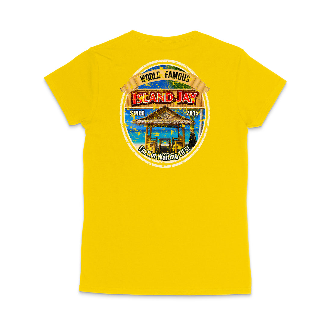 A bright yellow short-sleeve t-shirt shown from the back, featuring a large circular graphic print on the upper back with a beach scene and the text 'World Famous Island Jay'.