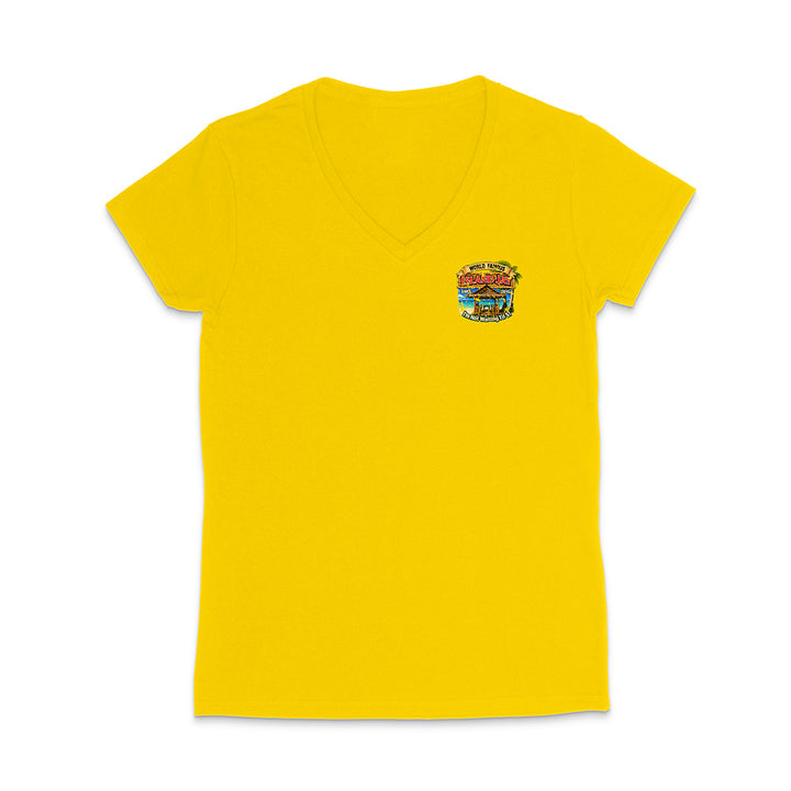 A bright yellow women's short-sleeve V-neck t-shirt with a small colorful graphic on the left chest, displayed on a clean white background.