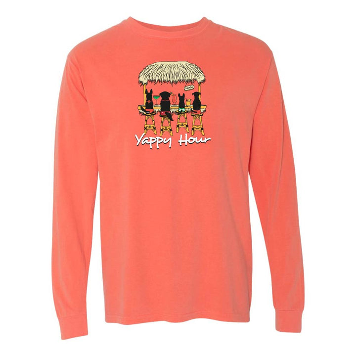 Light orange/red long-sleeve shirt with a graphic of dogs at a tiki bar and 'Yappy Hour' text.