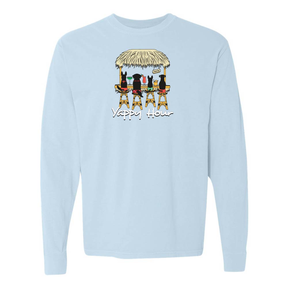 Light blue long-sleeve shirt with a graphic of dogs at a tiki bar and 'Yappy Hour' text.
