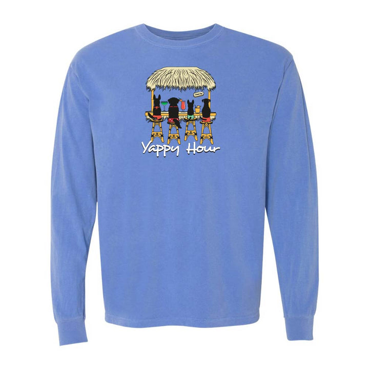 Blue long-sleeve shirt with a graphic of dogs at a tiki bar and 'Yappy Hour' text.
