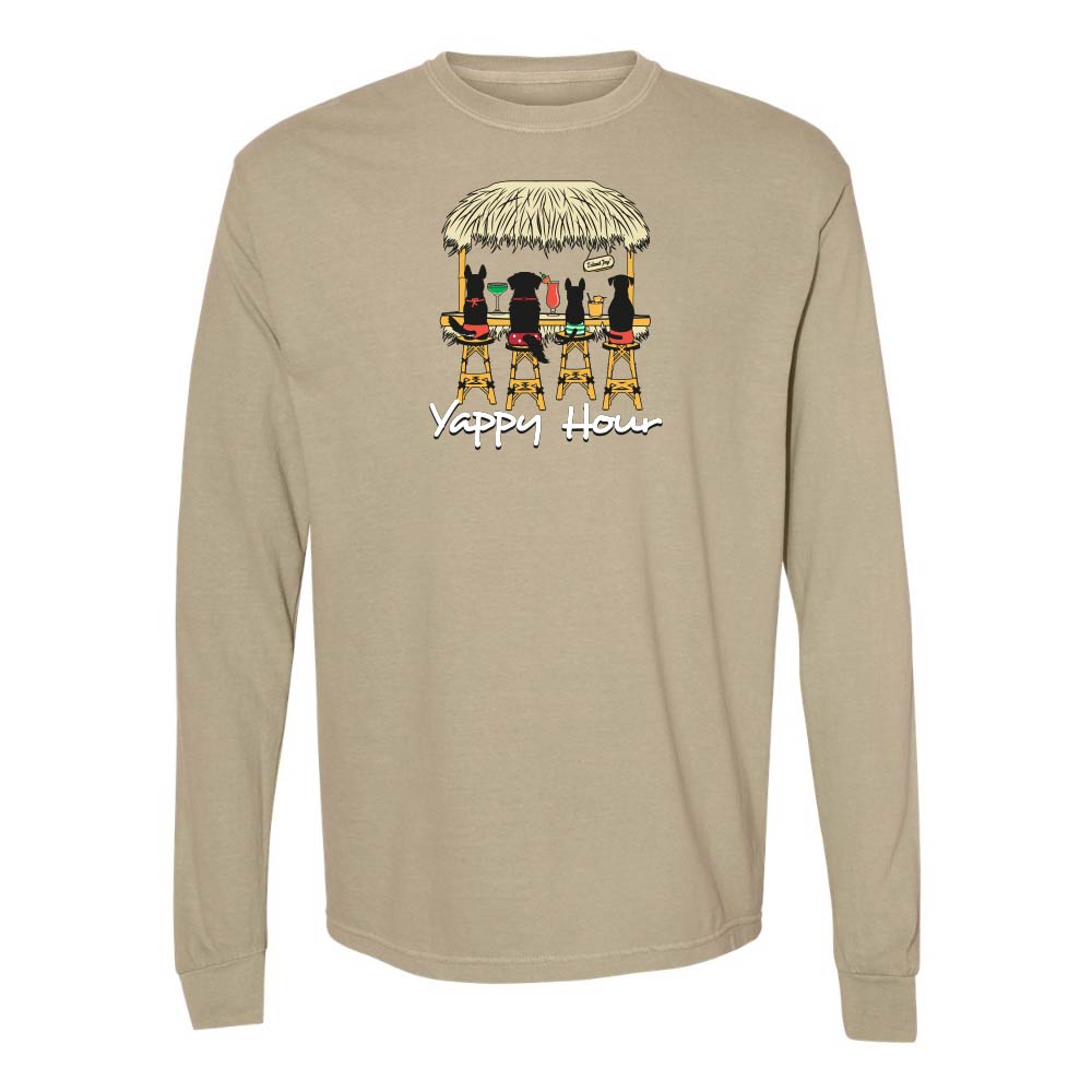 Khaki long-sleeve shirt with a graphic of dogs at a tiki bar and 'Yappy Hour' text.