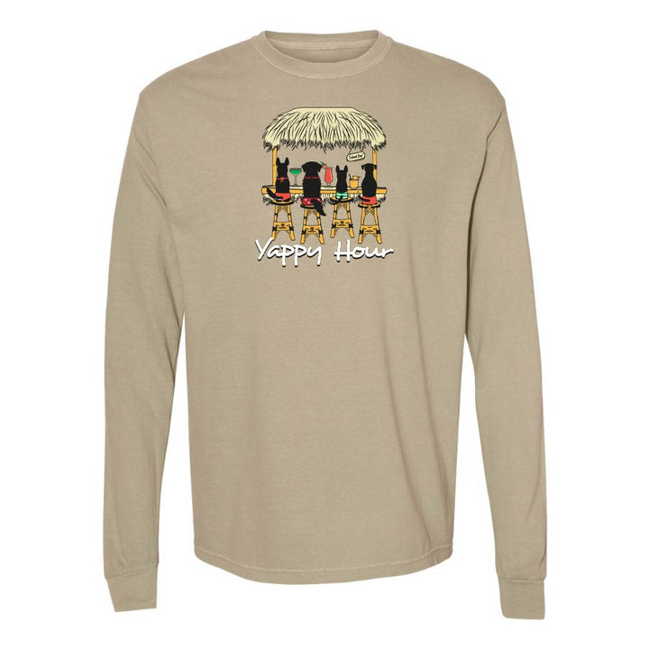 Khaki long-sleeve shirt with a graphic of dogs at a tiki bar and 'Yappy Hour' text.