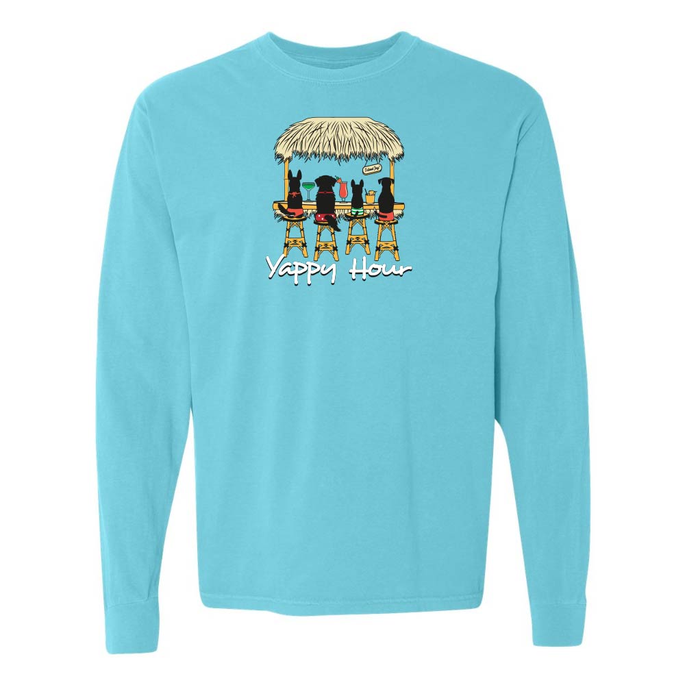 Light blue long-sleeve shirt with a graphic of dogs at a tiki bar and 'Yappy Hour' text.