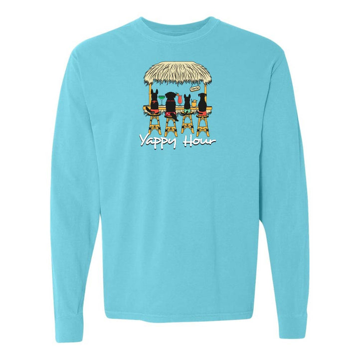 Light blue long-sleeve shirt with a graphic of dogs at a tiki bar and 'Yappy Hour' text.