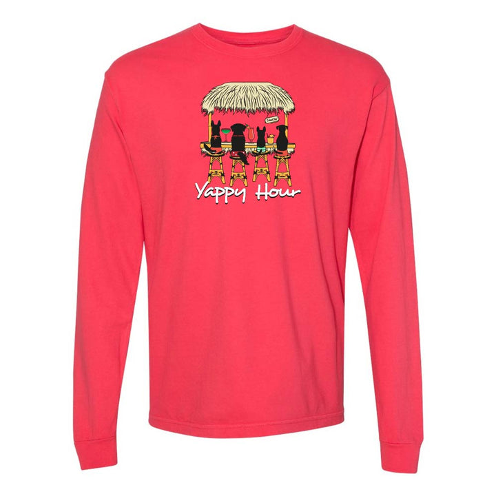 Red long-sleeve shirt with a graphic of dogs at a tiki bar and 'Yappy Hour' text.
