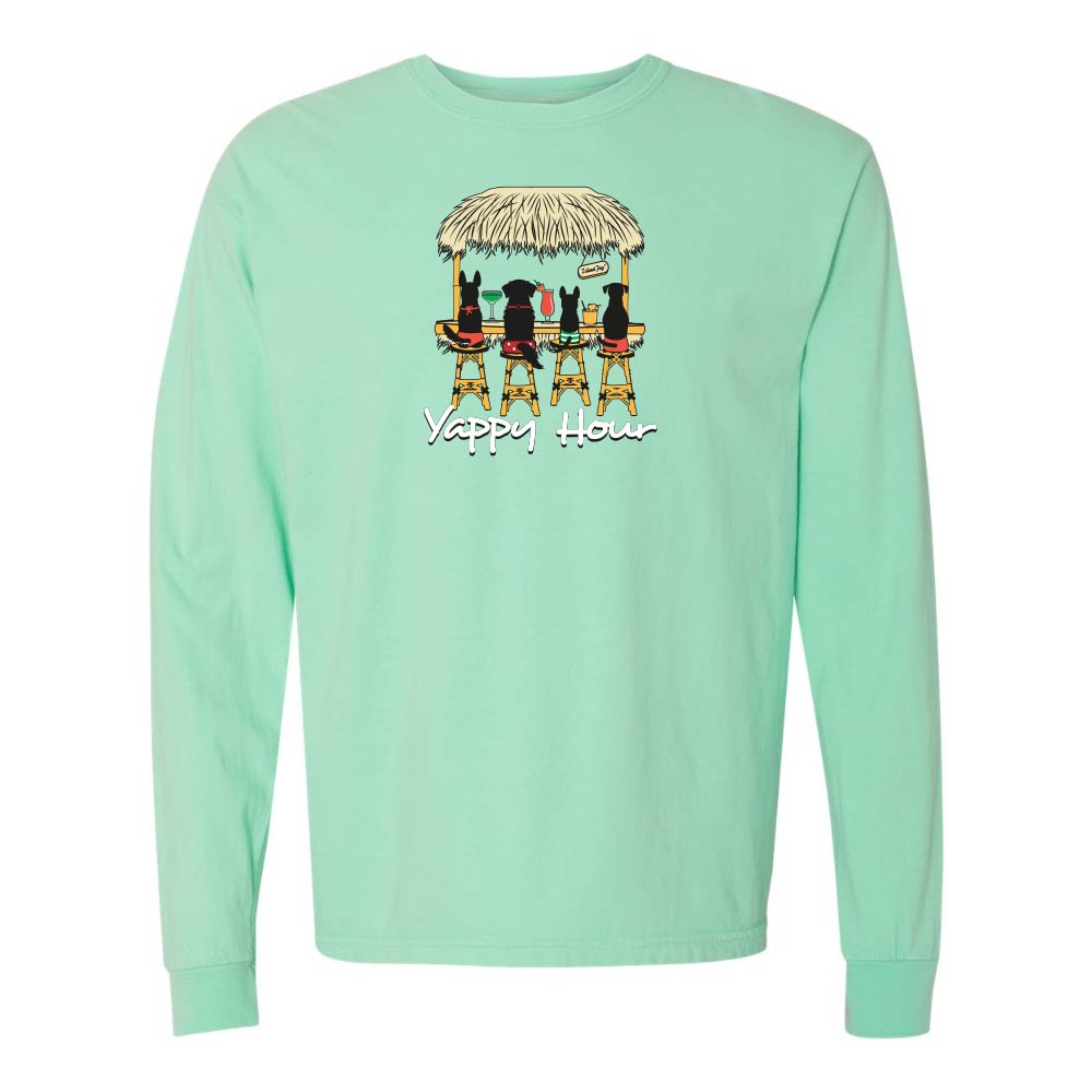 Mint green  long-sleeve shirt with a graphic of dogs at a tiki bar and 'Yappy Hour' text.