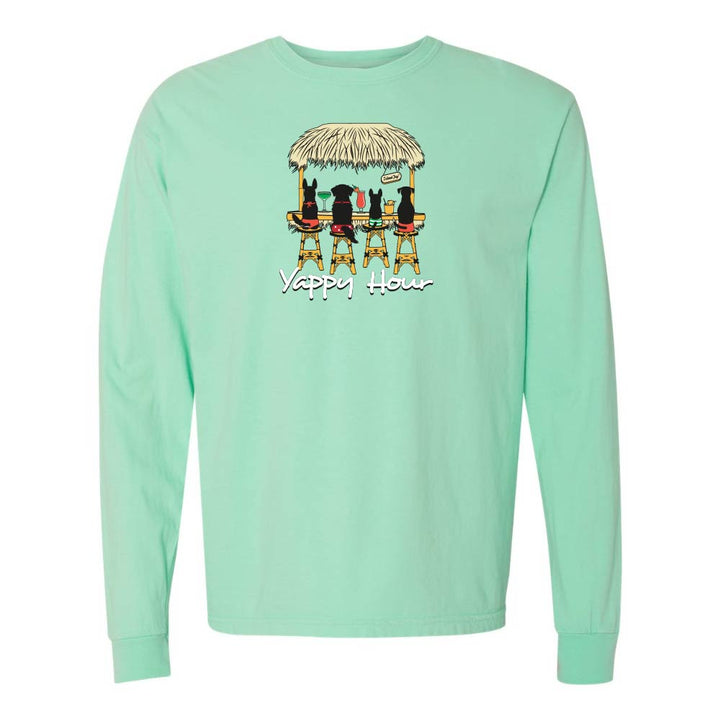 Mint green  long-sleeve shirt with a graphic of dogs at a tiki bar and 'Yappy Hour' text.