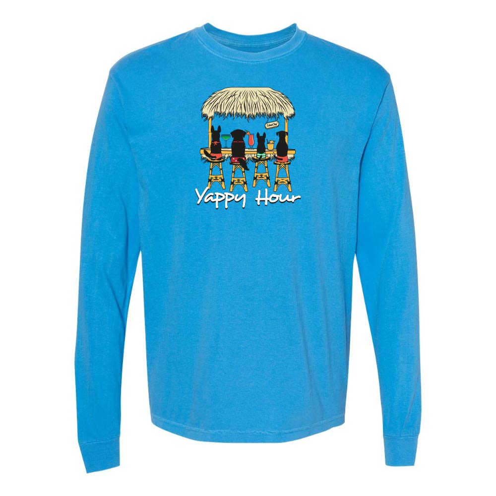 Blue long-sleeve shirt with a graphic of dogs at a tiki bar and 'Yappy Hour' text.