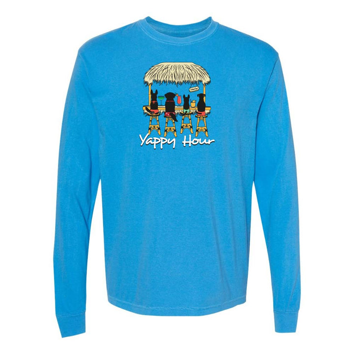Blue long-sleeve shirt with a graphic of dogs at a tiki bar and 'Yappy Hour' text.