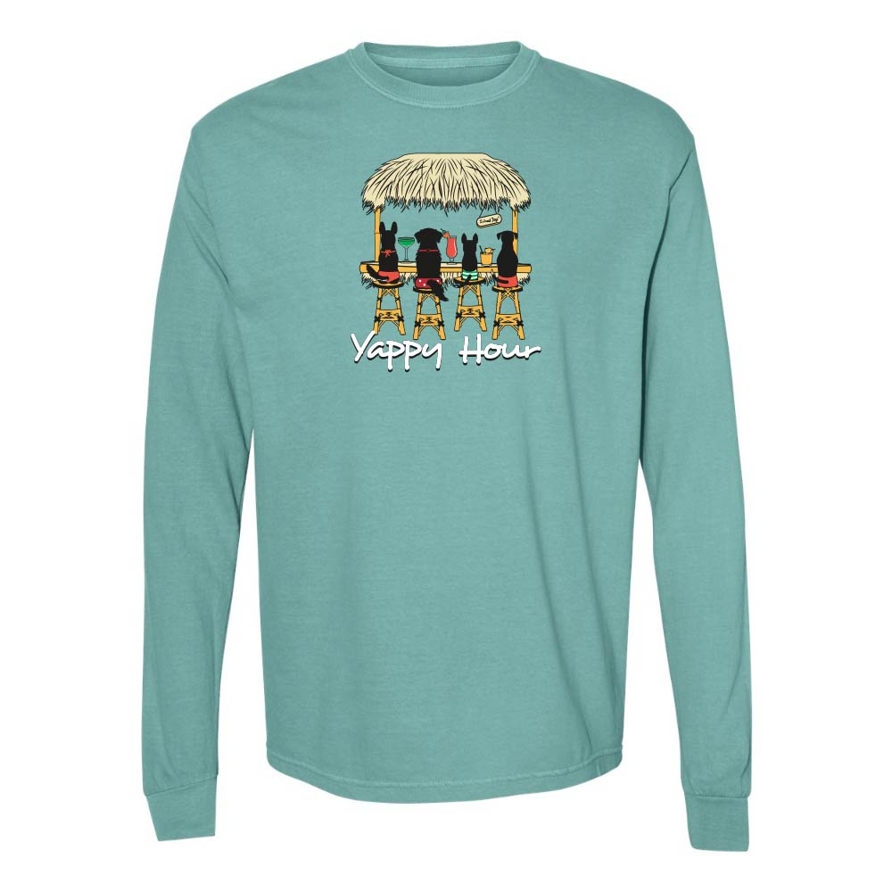 Teal long-sleeve shirt with a graphic of dogs at a tiki bar and 'Yappy Hour' text.