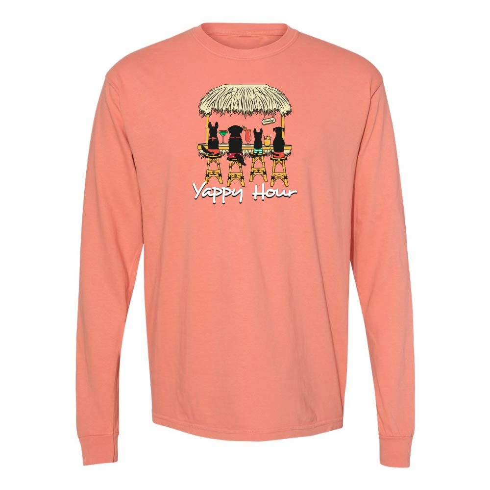 Light orange long-sleeve shirt with a graphic of dogs at a tiki bar and 'Yappy Hour' text.