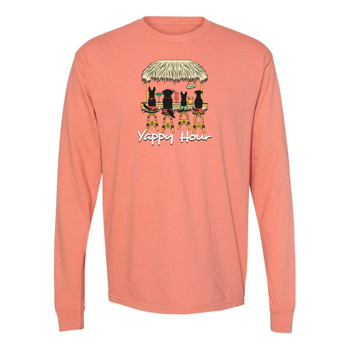 Light orange long-sleeve shirt with a graphic of dogs at a tiki bar and 'Yappy Hour' text.
