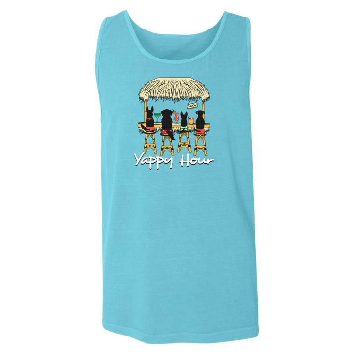 Blue tank top with a graphic of dogs at a bar and 'Yappy Hour' text.