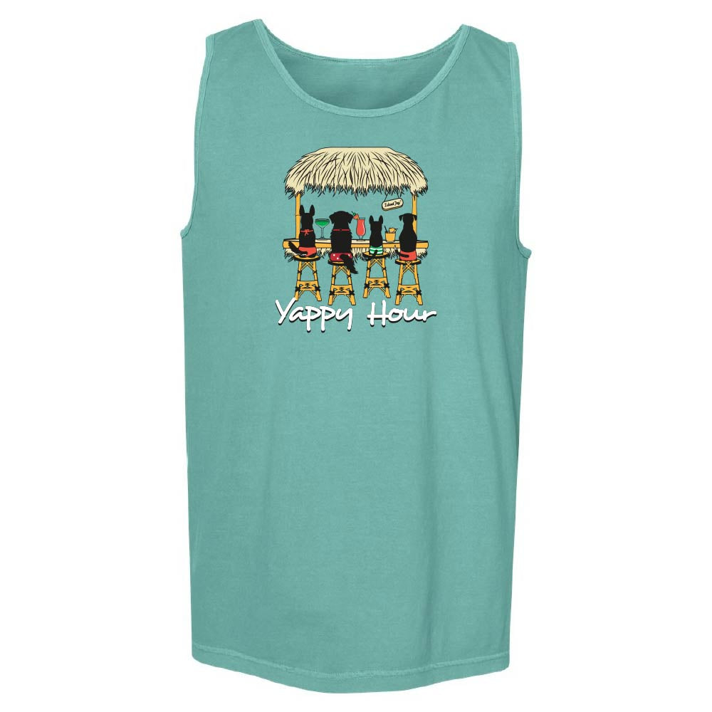 Teal tank top with a graphic of dogs at a bar and 'Yappy Hour' text.