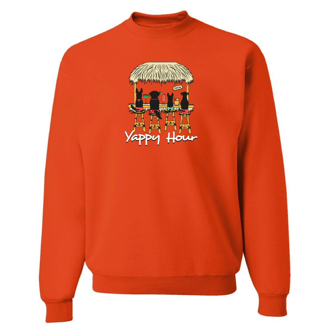 Orange sweatshirt with a graphic design and 'Yappy Hour' text on a white background