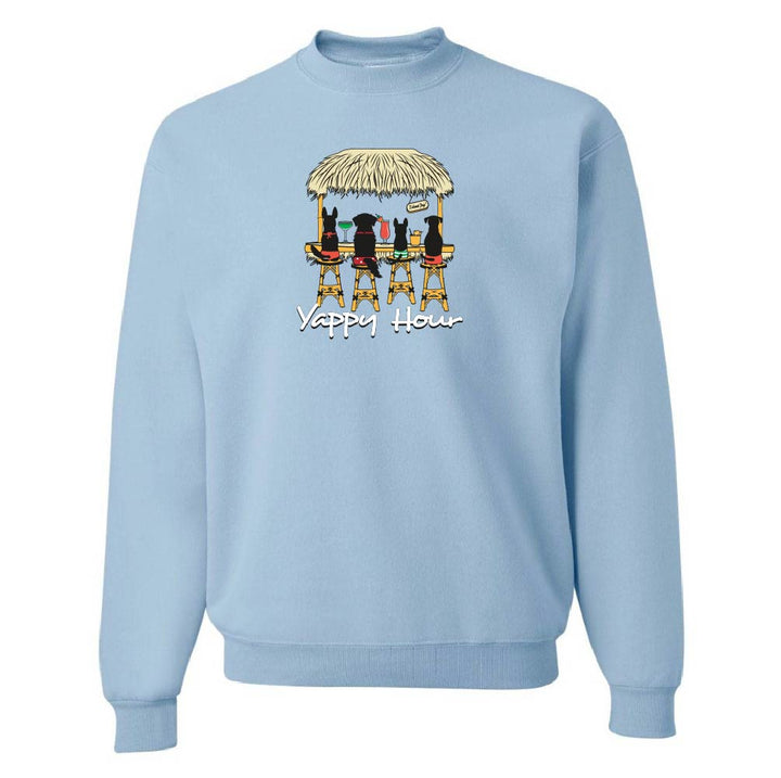 Light blue sweatshirt with a graphic of three dogs under a tiki hut and 'Yappy Hour' text on a white background.