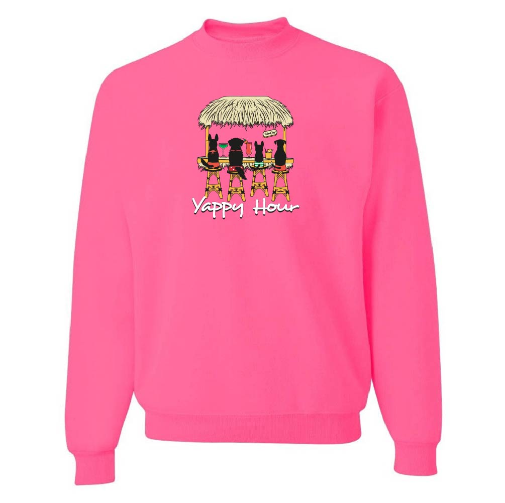 Pink sweatshirt with a graphic of three dogs under an umbrella and 'Yappy Hour' text on a white background