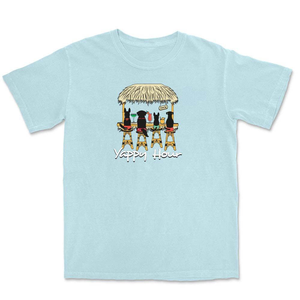 Light blue t-shirt with a graphic of dogs at a bar and 'Yappy Hour' text.
