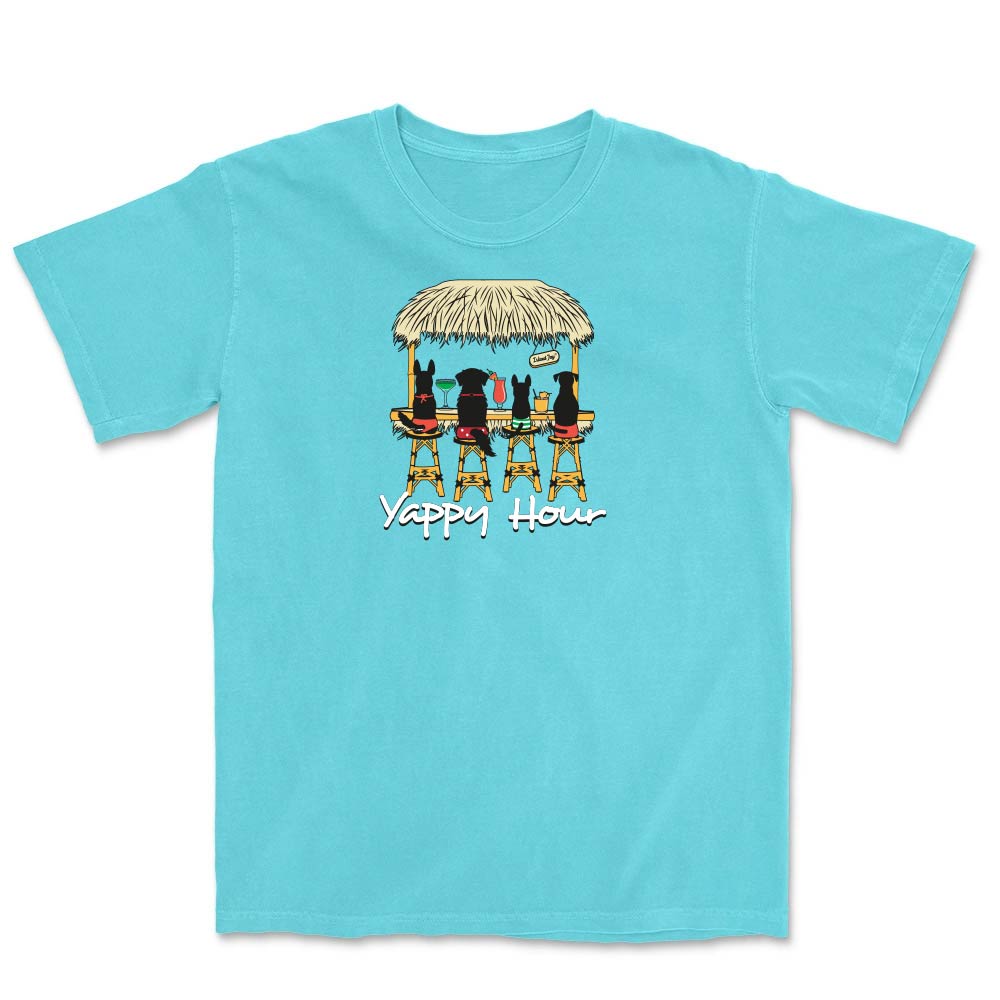 Blue t-shirt with a graphic of dogs at a bar and 'Yappy Hour' text.