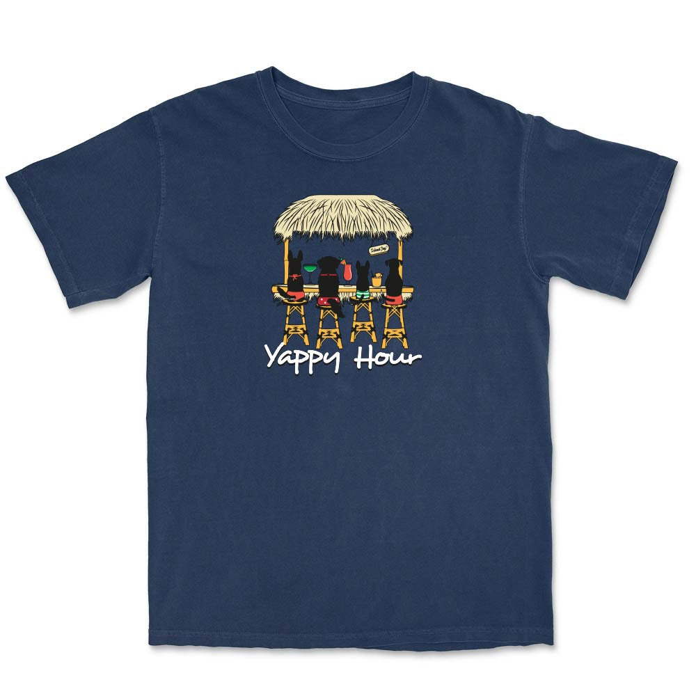 Navy t-shirt with a graphic of dogs at a bar and 'Yappy Hour' text.