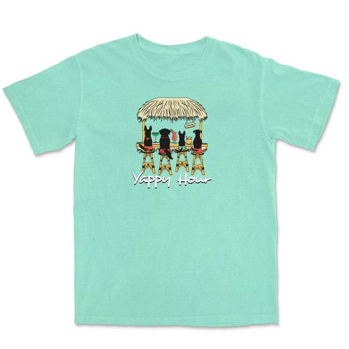 Mint green t-shirt with a graphic of dogs at a bar and 'Yappy Hour' text.