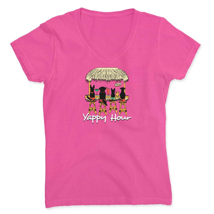 Pink vneck t-shirt with a graphic of dogs at a tiki bar and 'Yappy Hour' text.