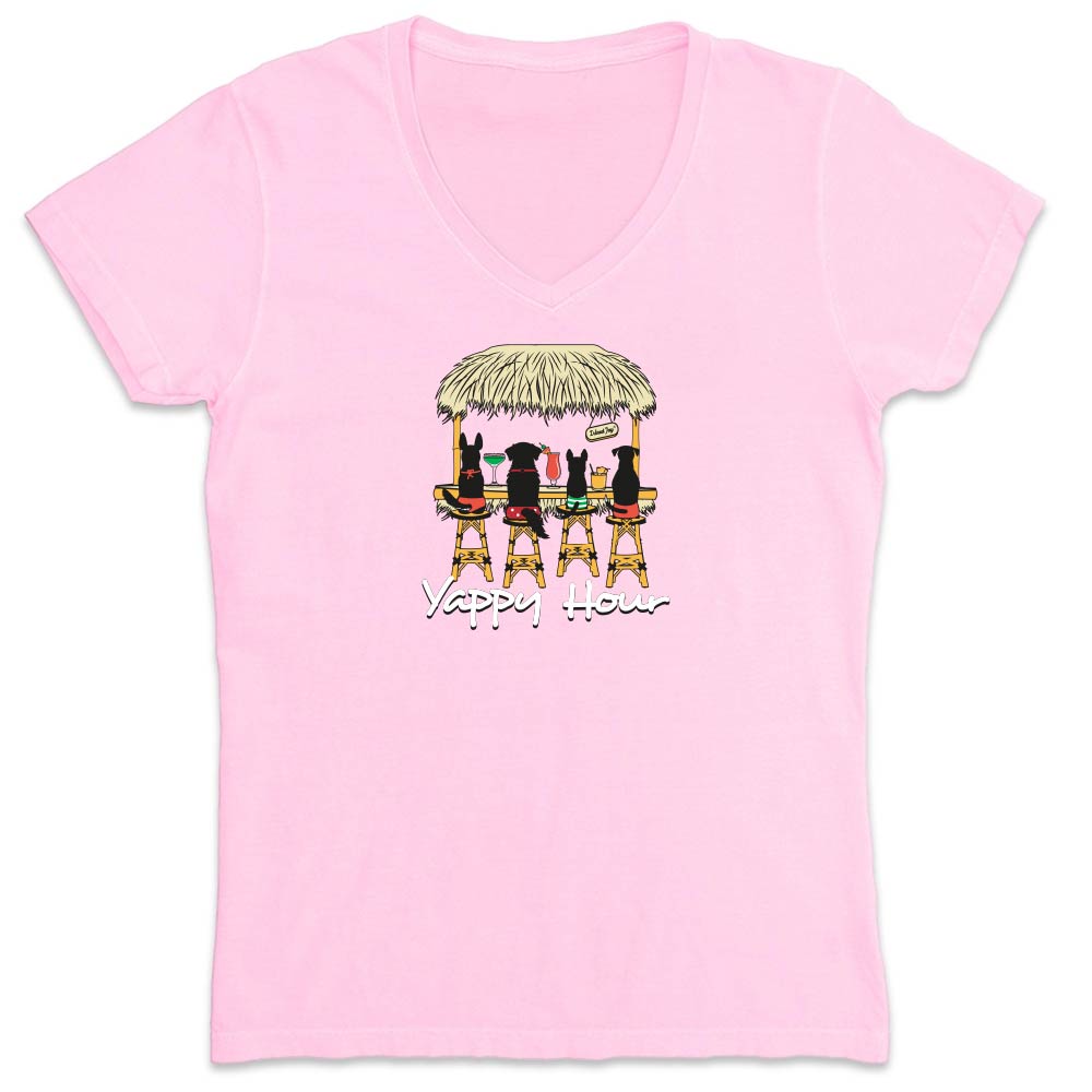 Pink vneck t-shirt with a graphic of dogs at a tiki bar and 'Yappy Hour' text.
