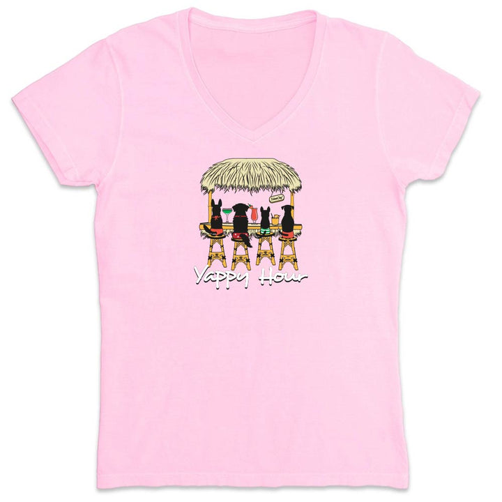 Pink vneck t-shirt with a graphic of dogs at a tiki bar and 'Yappy Hour' text.