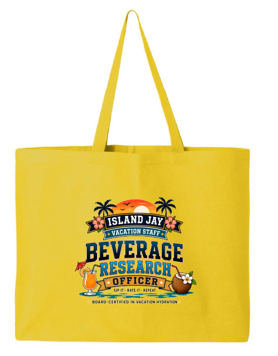 A bright yellow canvas tote bag with two handles, featuring a colorful graphic print on the front that reads 'ISLAND JAY VACATION STAFF BEVERAGE RESEARCH OFFICER' with tropical illustrations including palm trees, a sunset, a cocktail, and a coconut.
