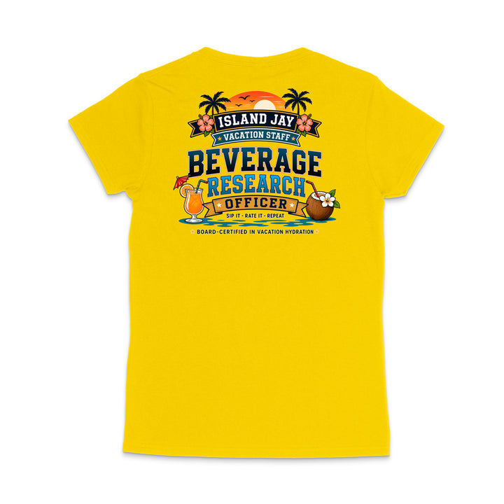 A bright yellow short-sleeve t-shirt shown from the back, featuring a colorful graphic print with the text 'ISLAND JAY BEVERAGE RESEARCH OFFICER' and tropical-themed illustrations.