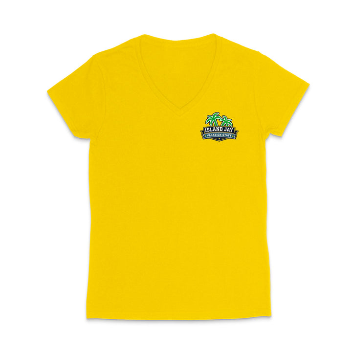A yellow women's short-sleeve V-neck t-shirt with a small colorful graphic on the left chest featuring palm trees and the text 'Island Jay Vacation Staff'.