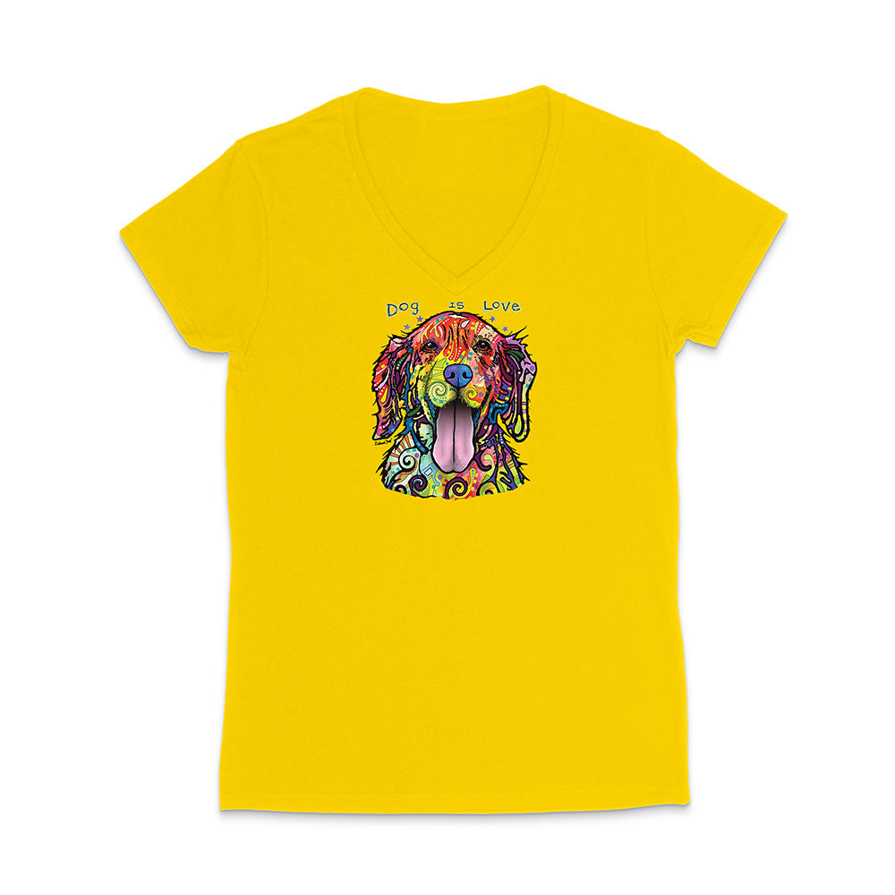 Yellow t-shirt with a colorful dog graphic and 'Dog is Love' text on a white background