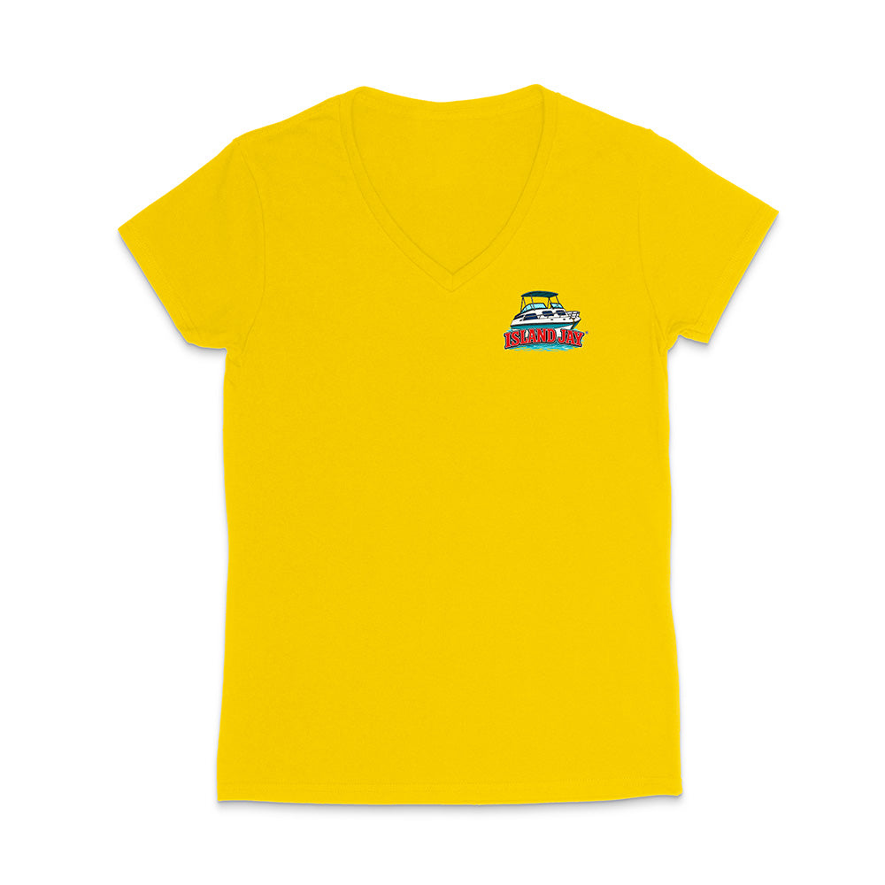 A bright yellow women's V-neck t-shirt with a small boat graphic printed on the left chest, displayed on a clean white background.