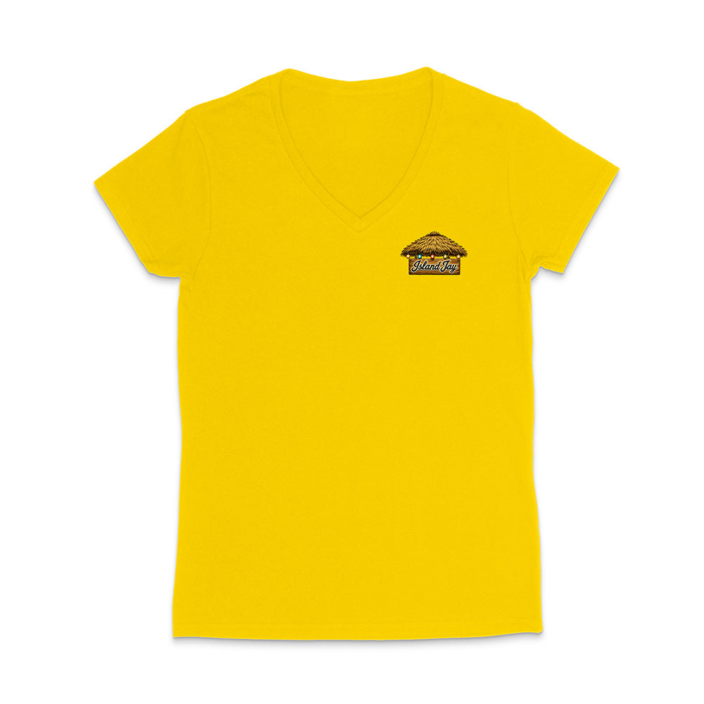A bright yellow women's V-neck t-shirt with a small graphic on the left chest depicting a thatched-roof house with the text 'SUNSET VILLAGE'.