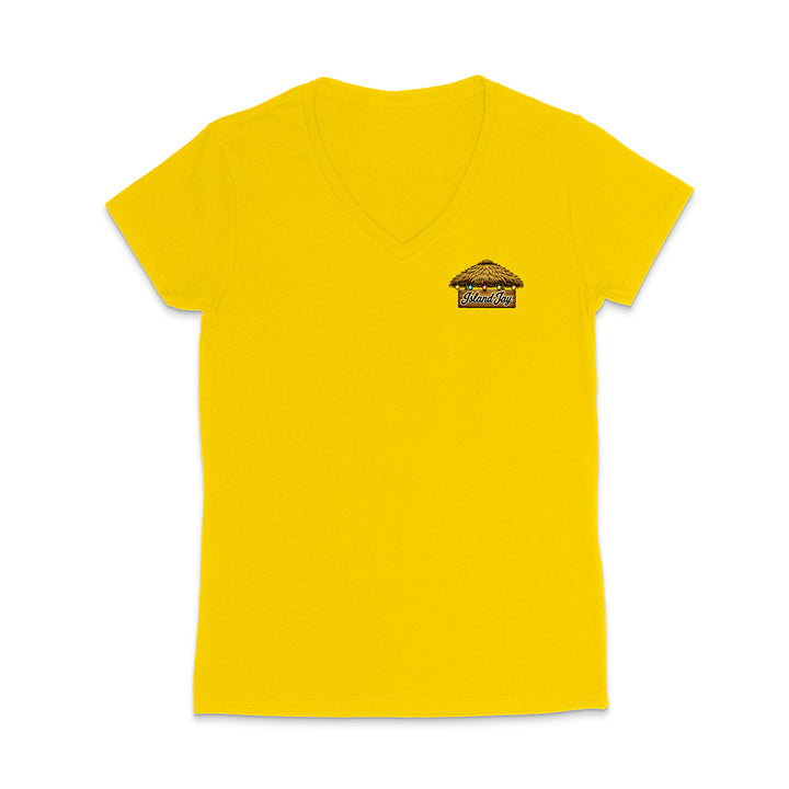 A bright yellow women's V-neck t-shirt with a small graphic on the left chest depicting a thatched-roof house with the text 'SUNSET VILLAGE'.