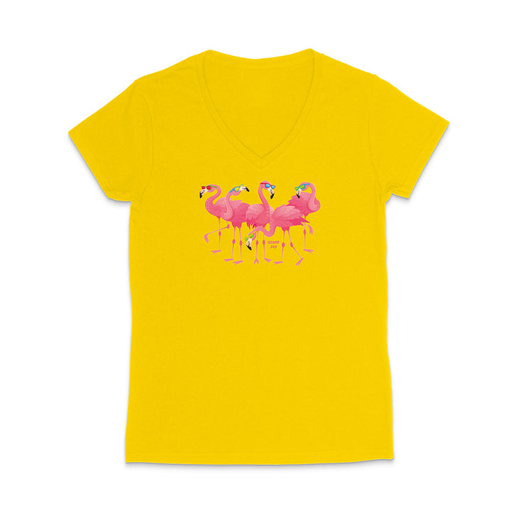 Yellow t-shirt with pink flamingo design on a white background