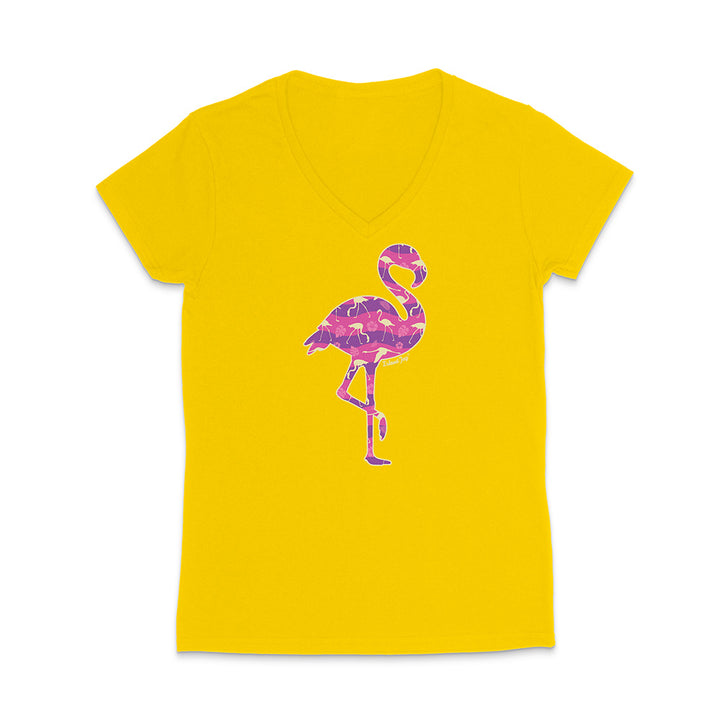 Yellow v-neck t-shirt with a colorful flamingo design on a white background