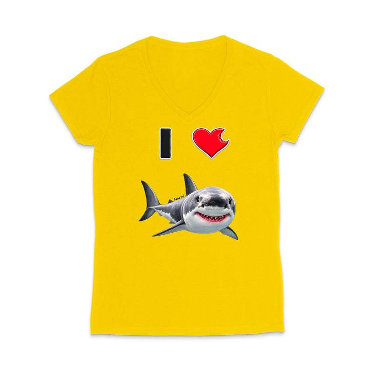 A bright yellow women's V-neck t-shirt featuring a graphic print of a smiling great white shark with the text 'I' and a red heart above it, displayed on a clean white background.