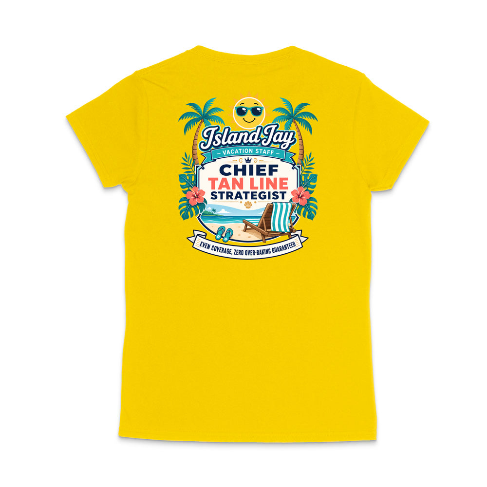A bright yellow short-sleeve t-shirt shown from the back, featuring a colorful graphic print with palm trees, a beach scene, and text that reads 'Island Jay' and 'Chief Tan Line Strategist'.
