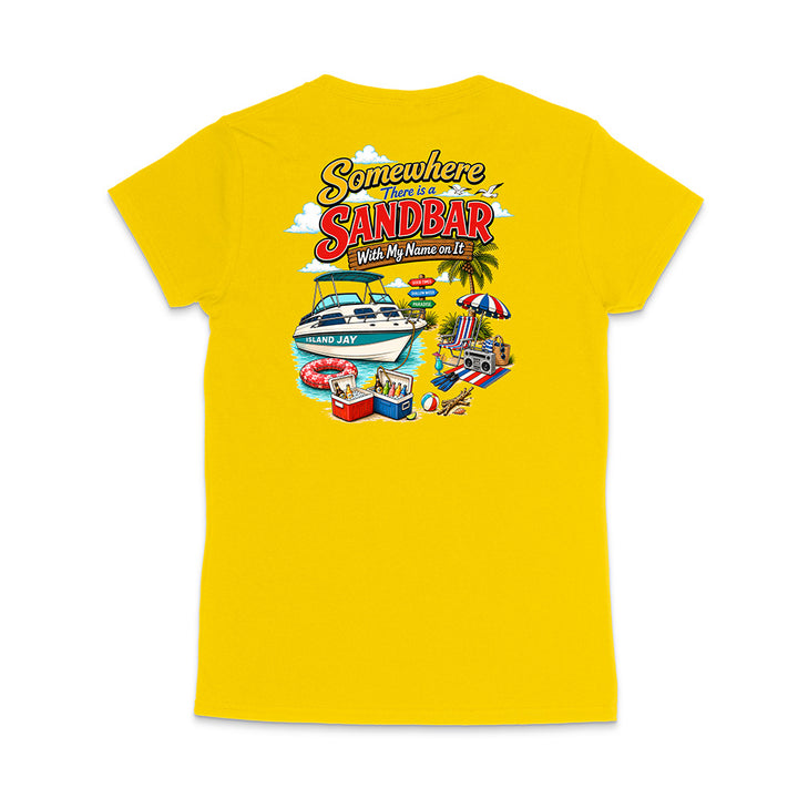 A bright yellow short-sleeve t-shirt shown from the back, featuring a colorful graphic print with the text 'Somewhere There Is A Sandbar With My Name On It' and beach-themed illustrations.