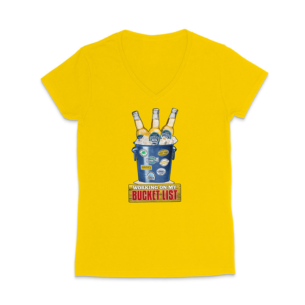 Yellow t-shirt with a graphic of a beer bucket with graphic text reading 'Working on my Bucket List' on a white background.