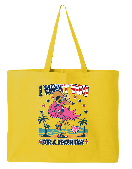Yellow tote bag with a colorful design featuring a flamingo and text on a white background