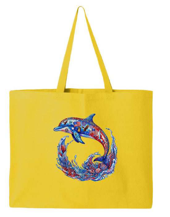 Yellow tote bag with colorful dolphin design on a white background