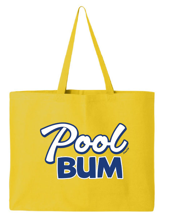 Yellow tote bag with 'Pool Bum' text on a white background
