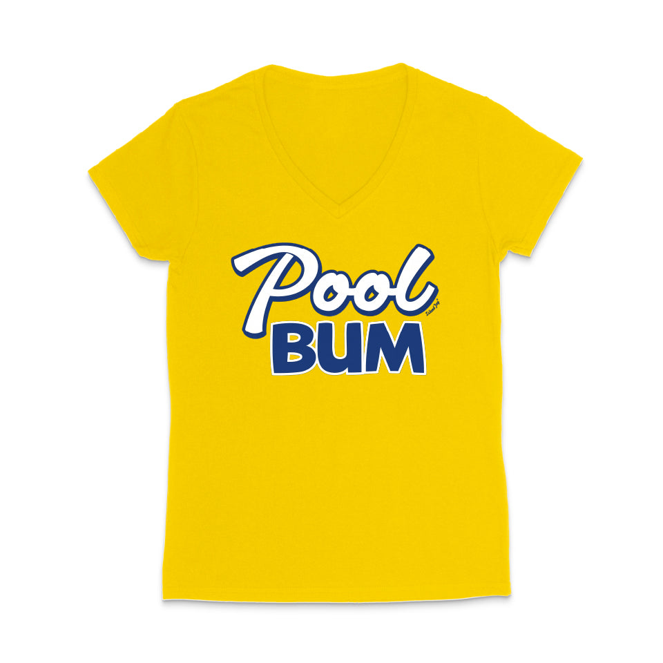 Yellow t-shirt with 'Pool Bum' text on a white background