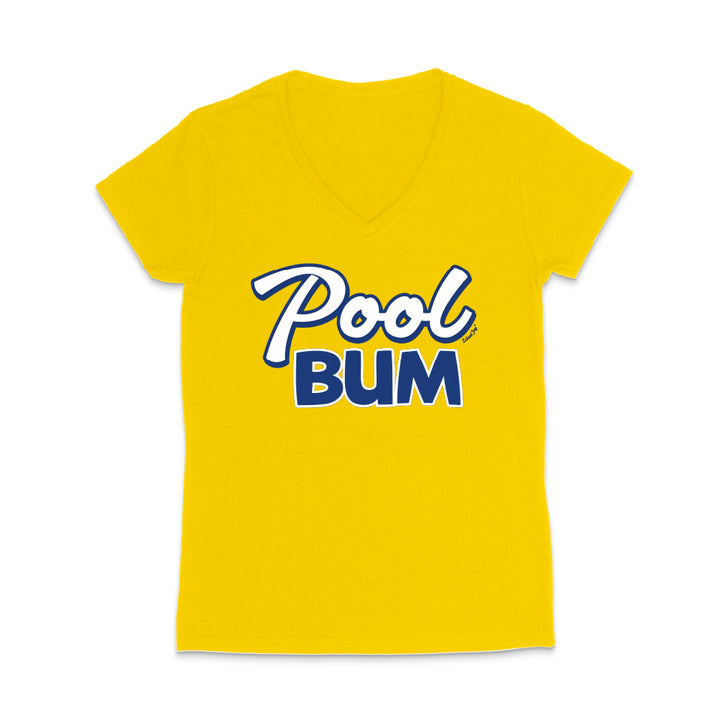 Yellow t-shirt with 'Pool Bum' text on a white background
