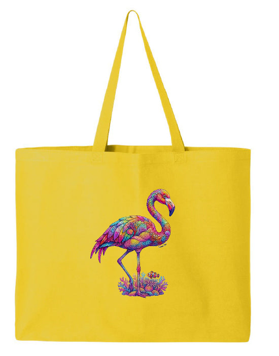 Yellow tote bag with a colorful flamingo design on a white background