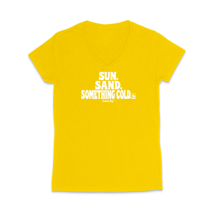 A bright yellow women's V-neck t-shirt with white graphic text on the chest reading 'SUN. SAND. Something cold